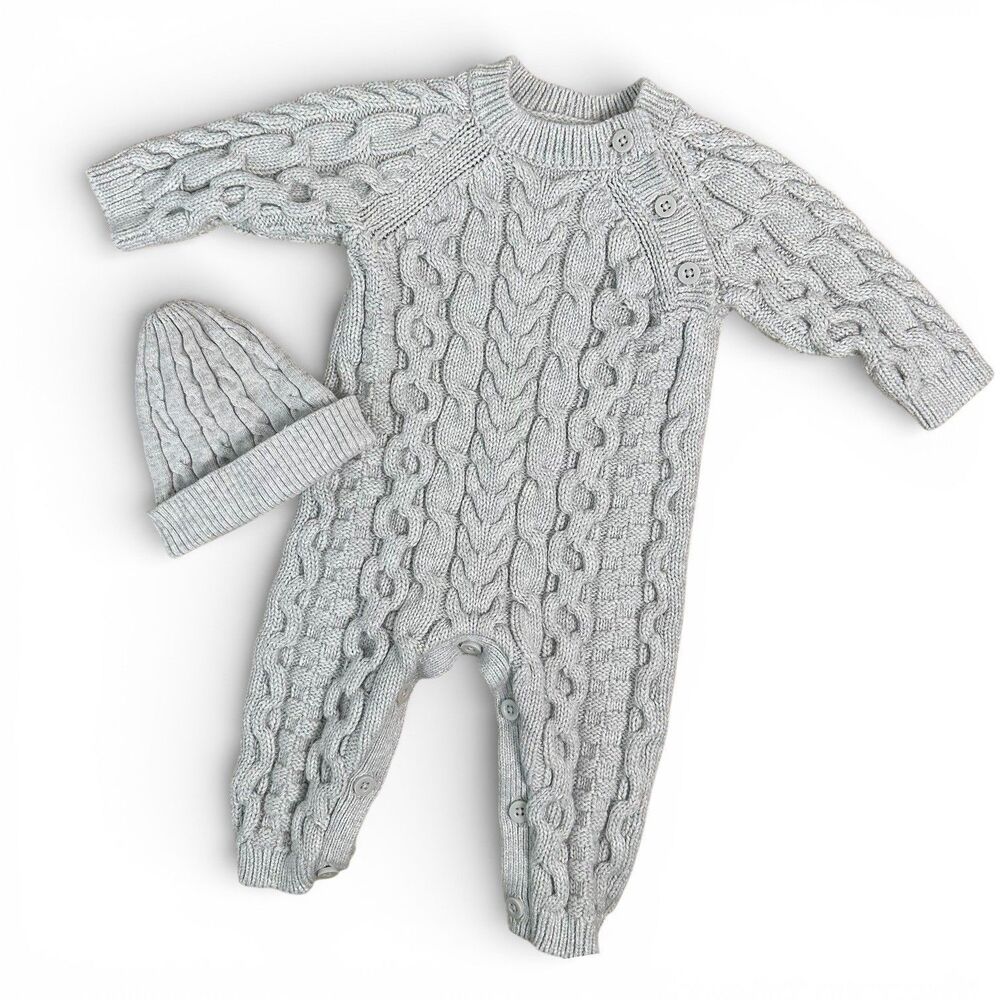 Hope & Henry Baby Cable Knit Romper and Beanie Set Gray 0-3M Organic 1pc Sweater